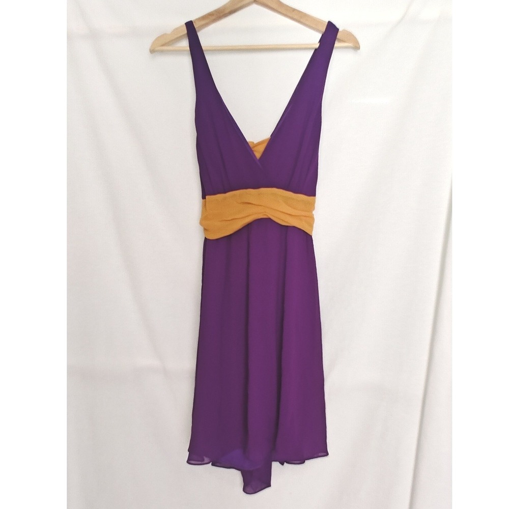 Mystic‎ Short Dress Purple Yellow V-Neck Bow Back Chiffon Sleeveless Large Y2k